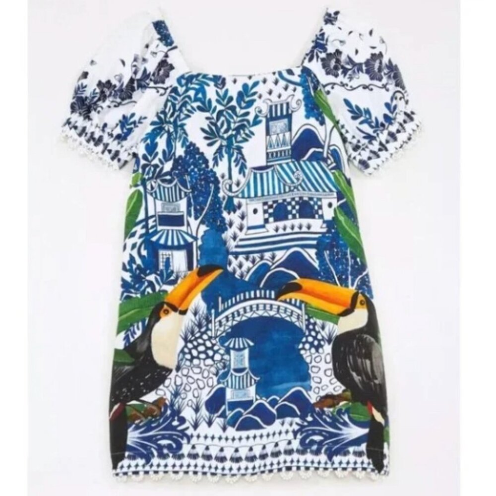 FARM Rio Blue White Green Toucan Print Mini Dress